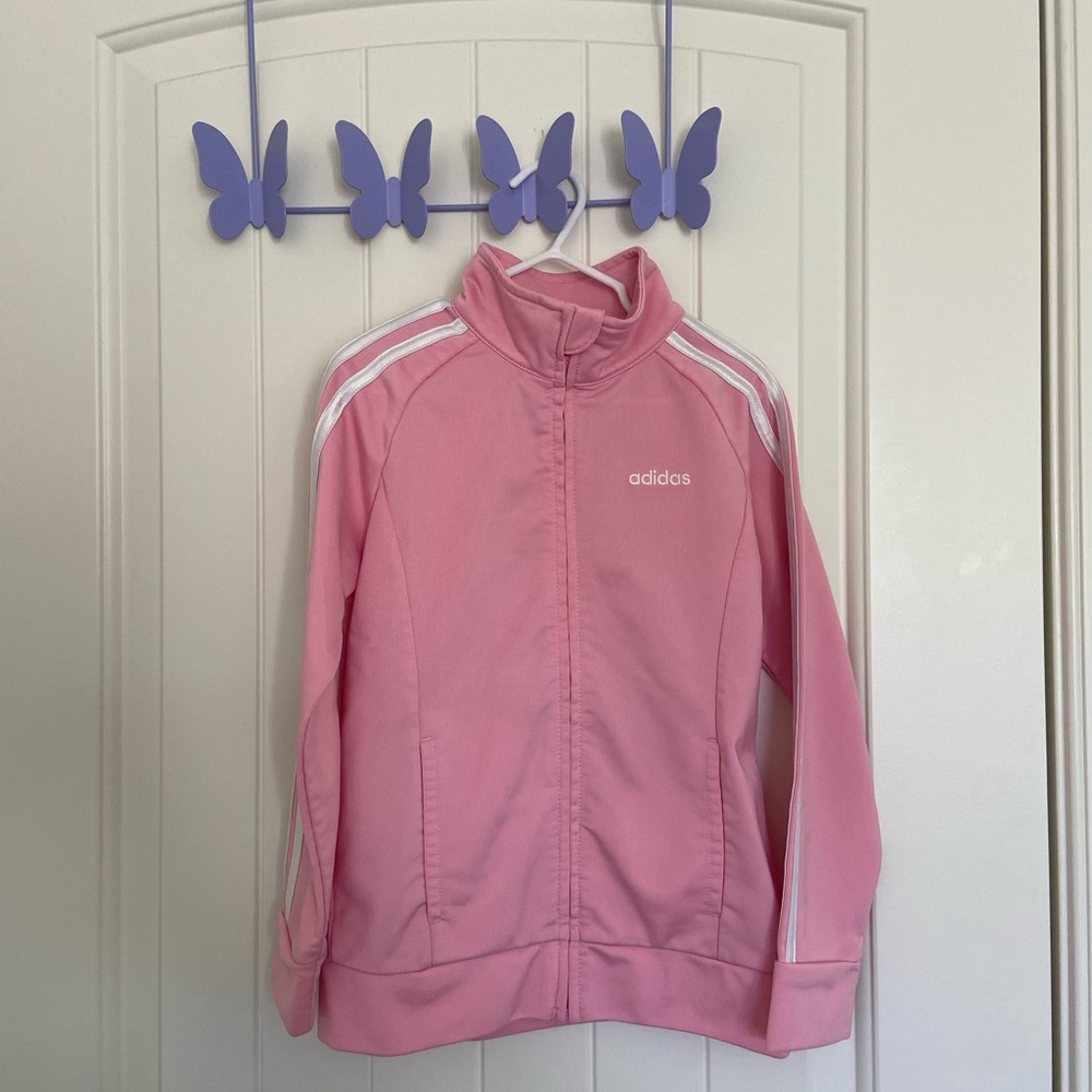 NWOT Adidas‎ girl’s pink white full zip collared athletic track jacket size 6